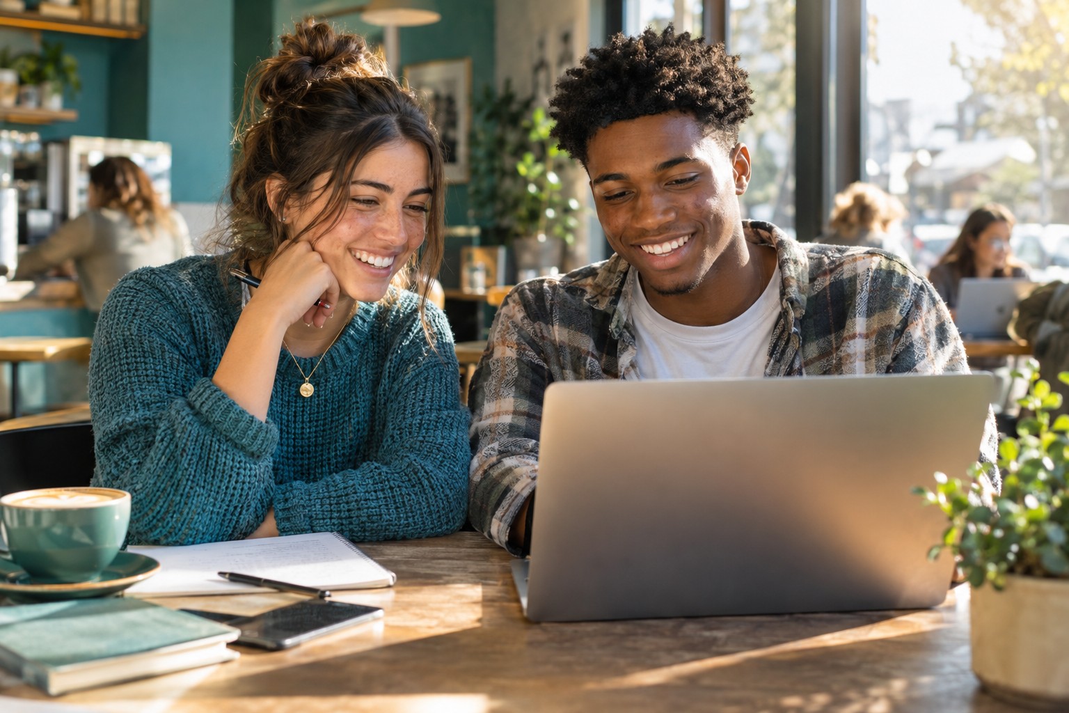 Two young adults learning together at a sunny café